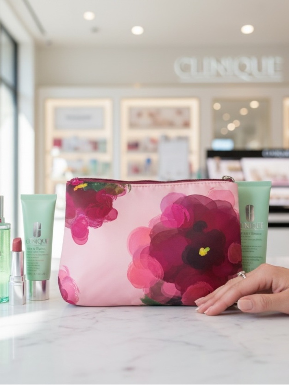 Clinique Pink Floral Zip Cosmetic Pouch - Picture 2 of 3